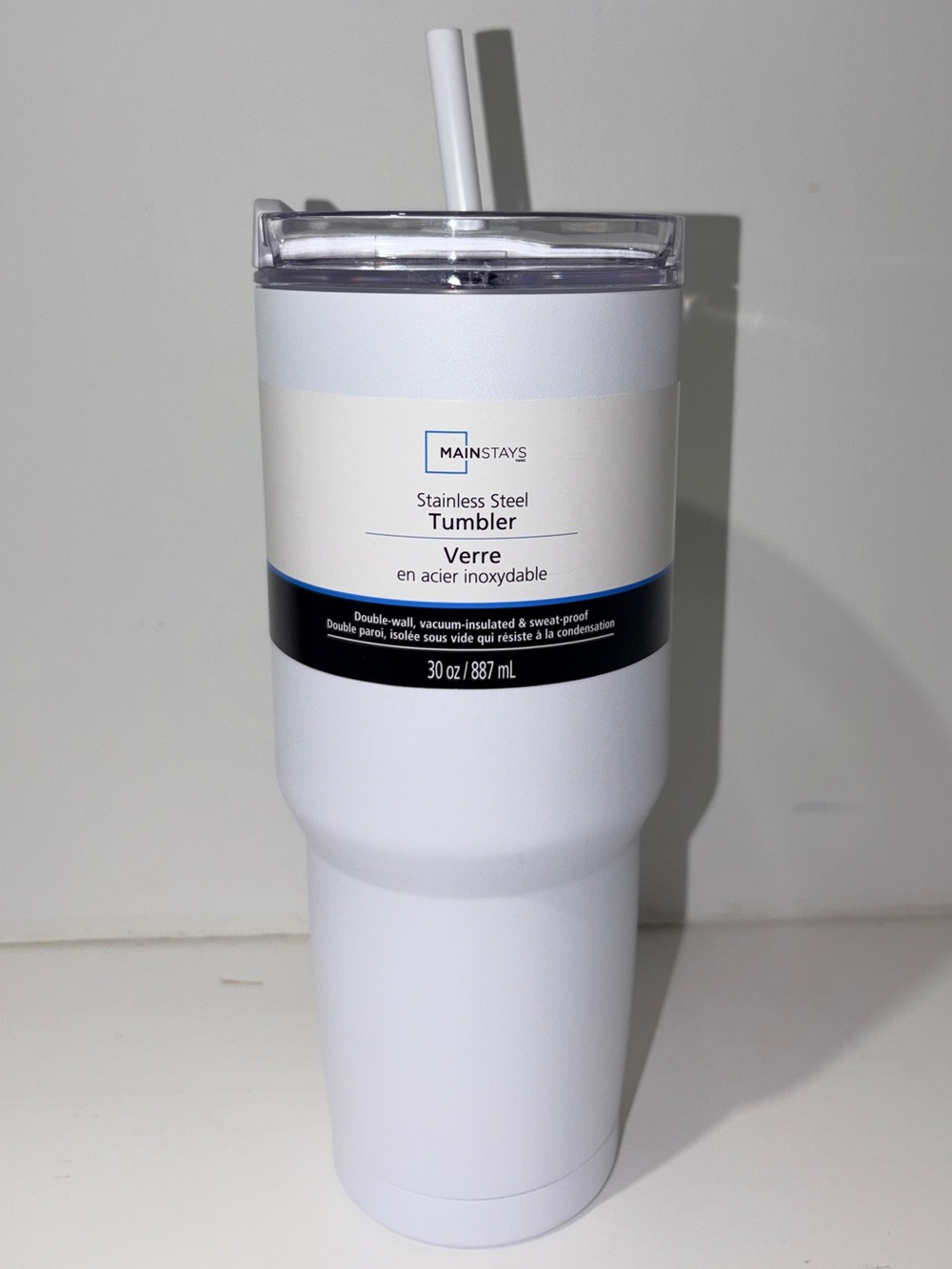 Mainstays 30oz White Stainless Steel Tumbler w/ Straw Leakproof New